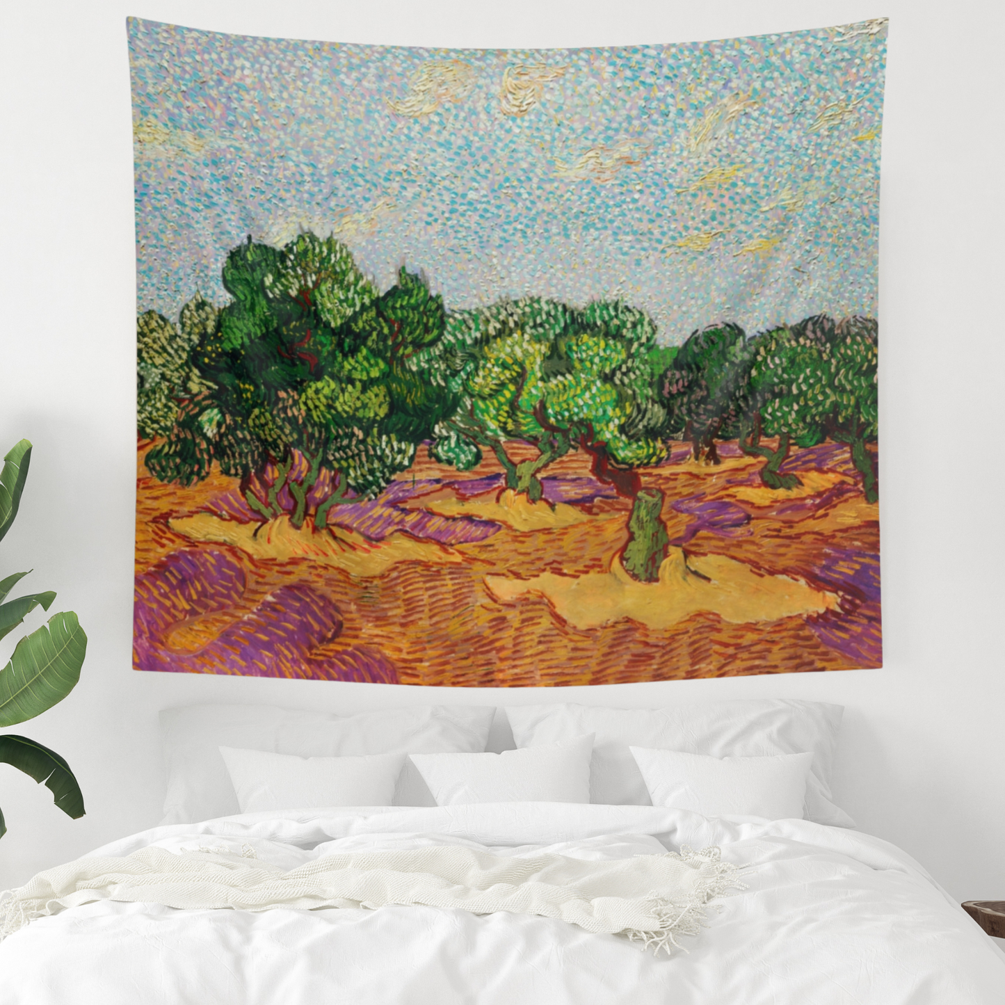 a painting on a wall above a bed
