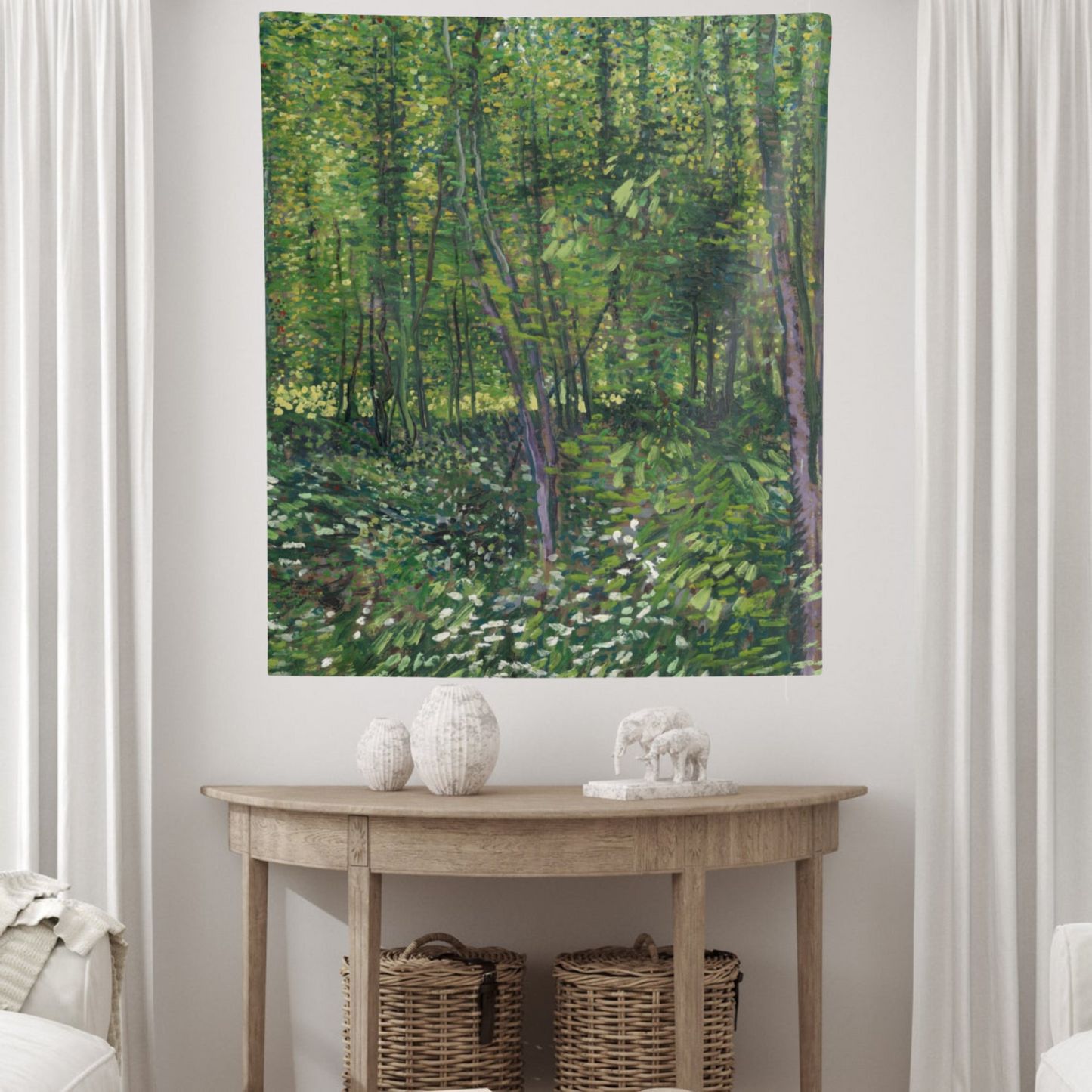 a painting hanging on a wall above a table