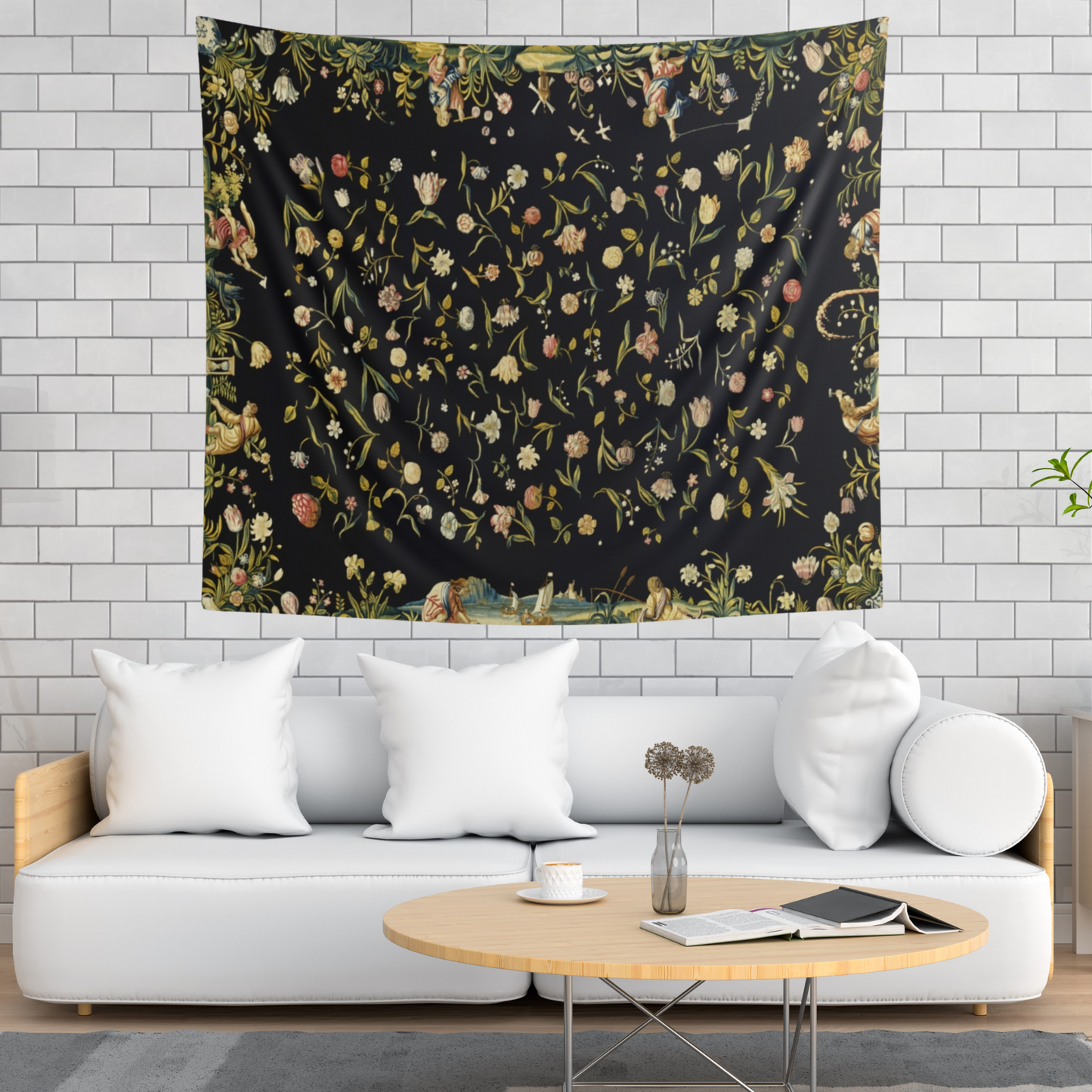 a living room with a large tapestry hanging on the wall