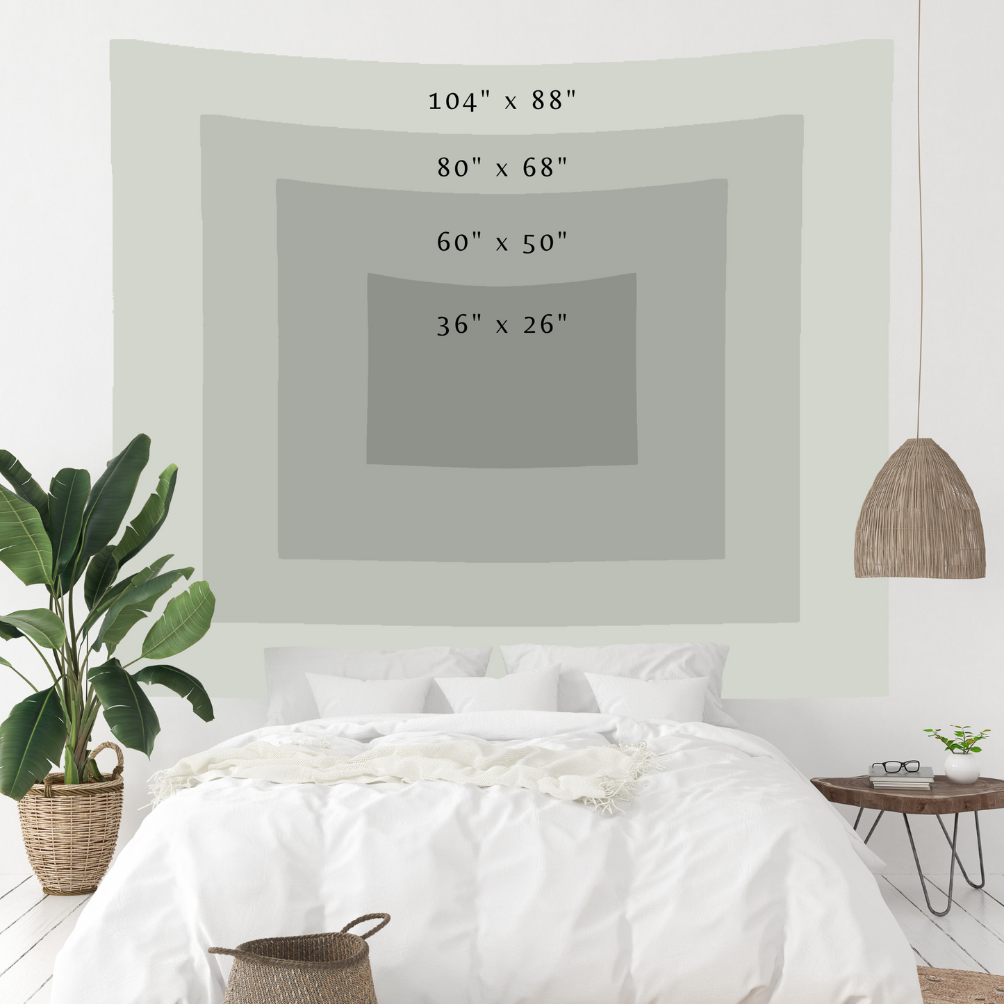a bed with a white comforter and a plant