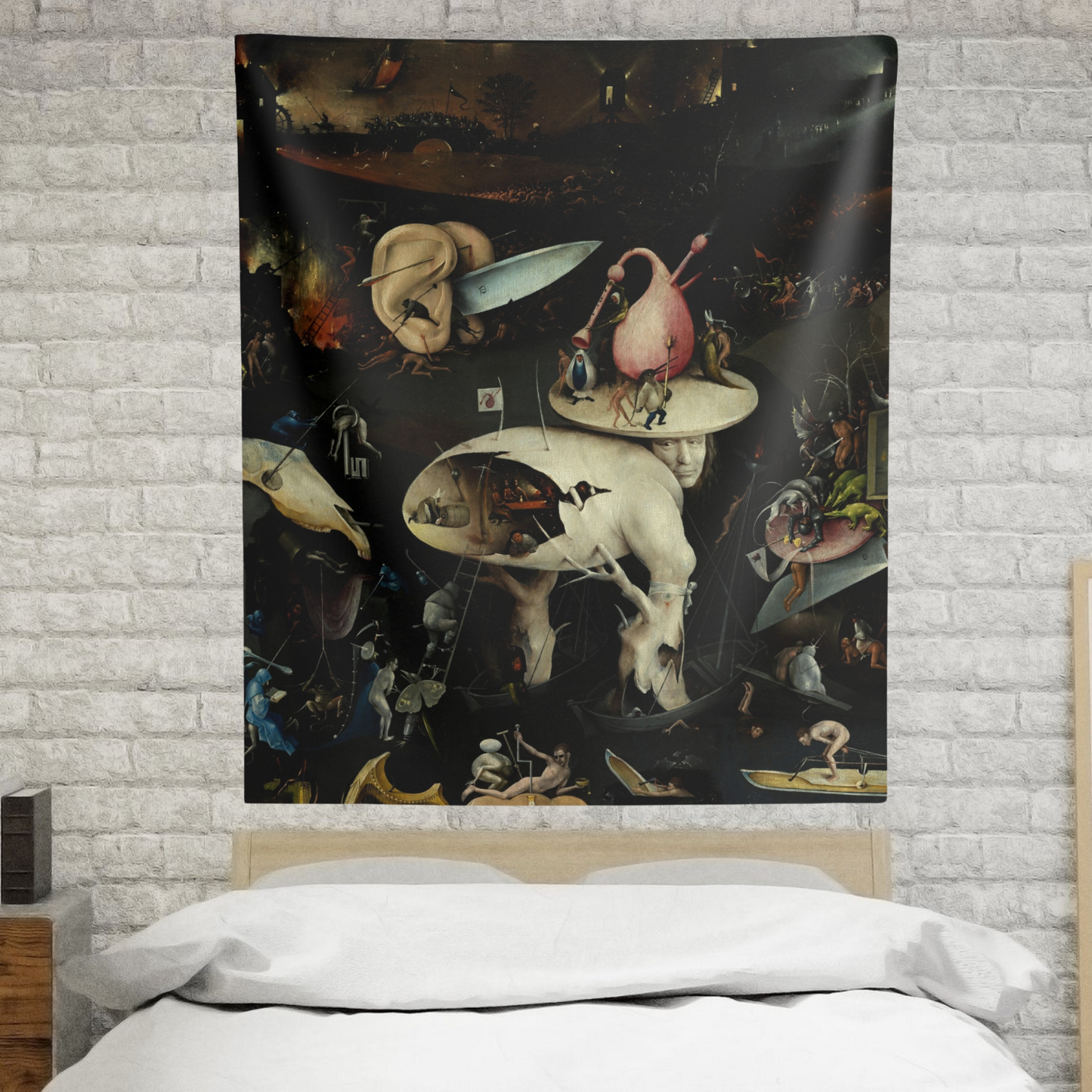 a picture of a painting on a wall above a bed