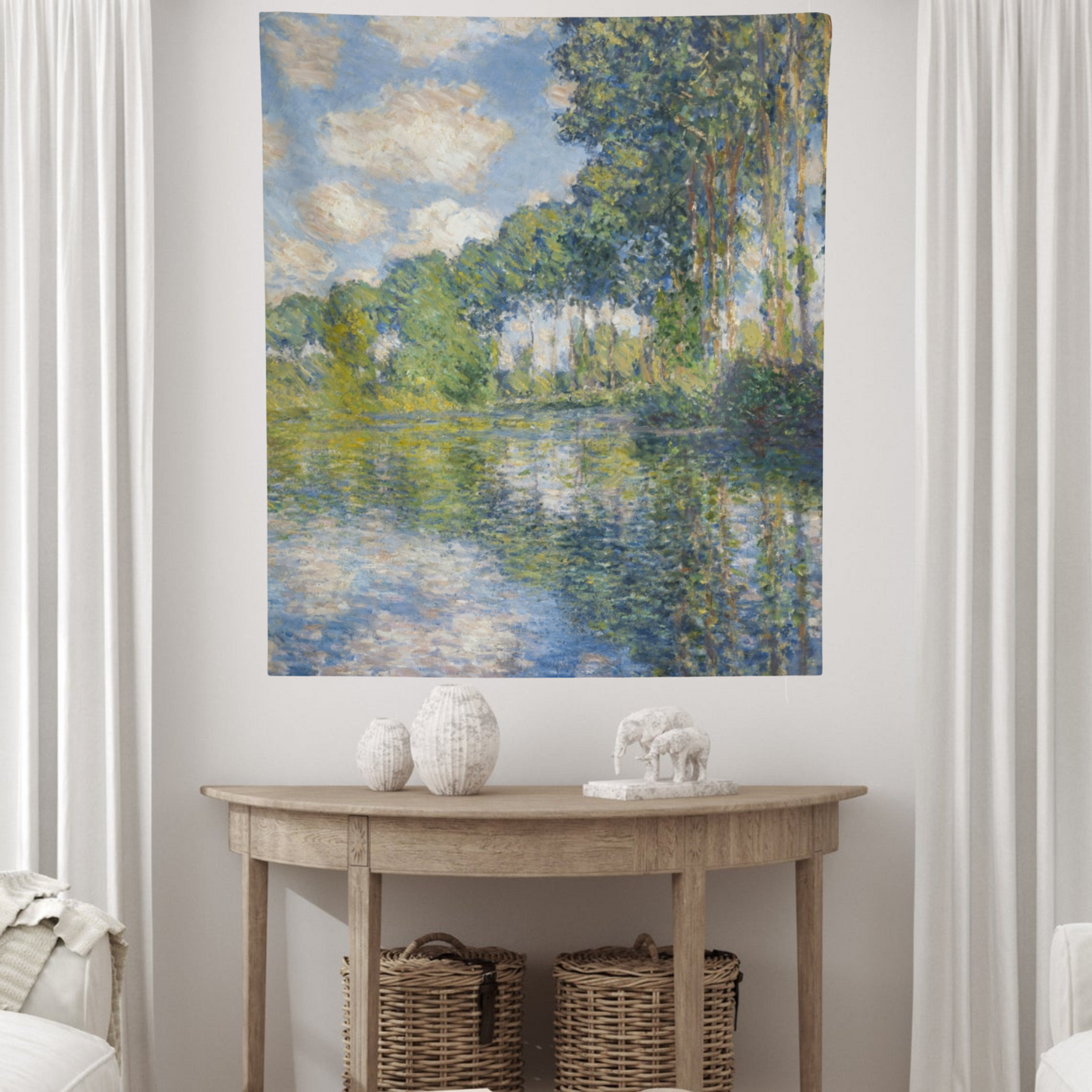 a painting hanging on a wall above a table