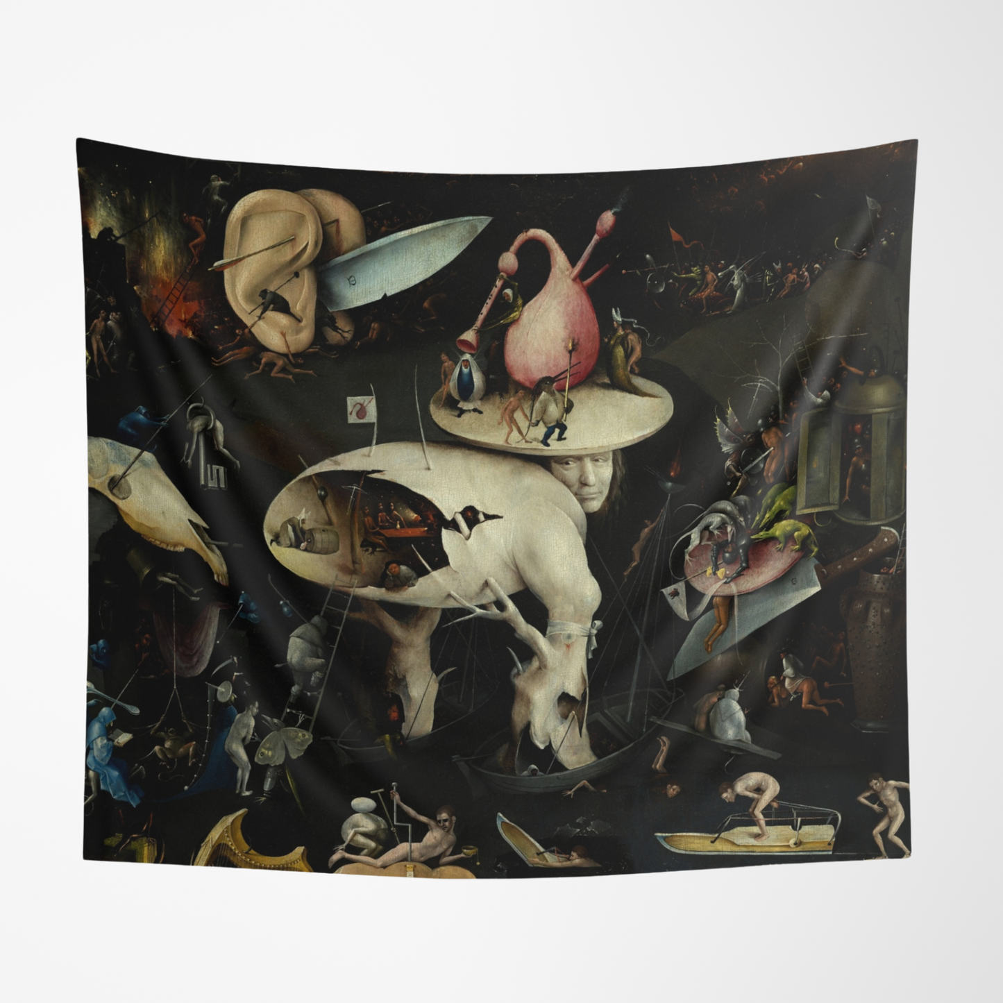 a painting of a white horse surrounded by other things