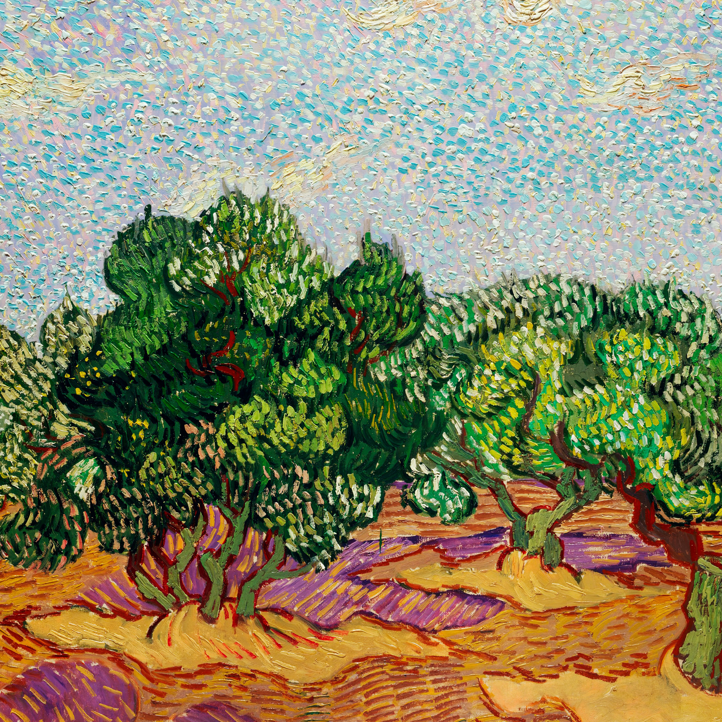 a painting of some trees in a field