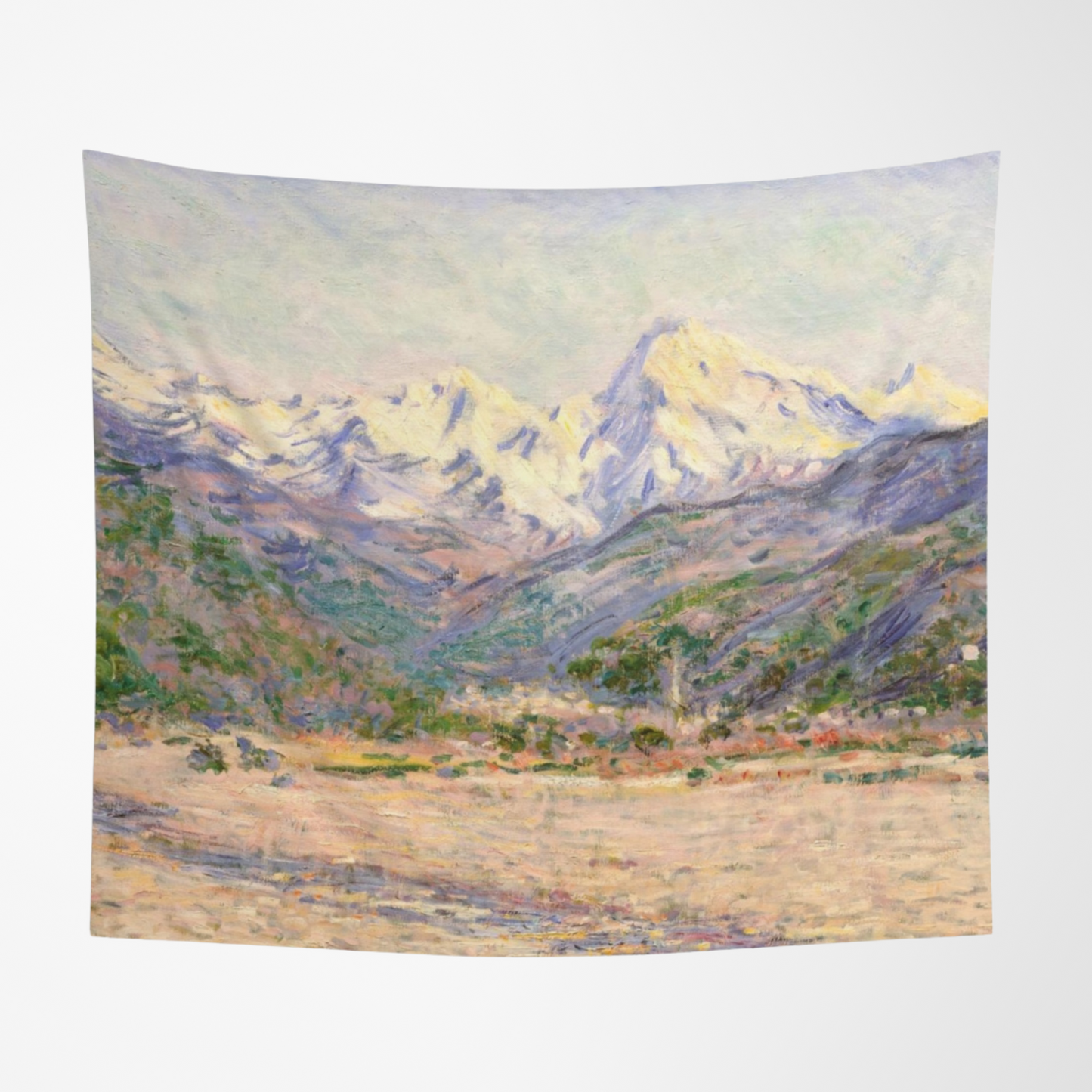 a painting of a mountain range with a sky background