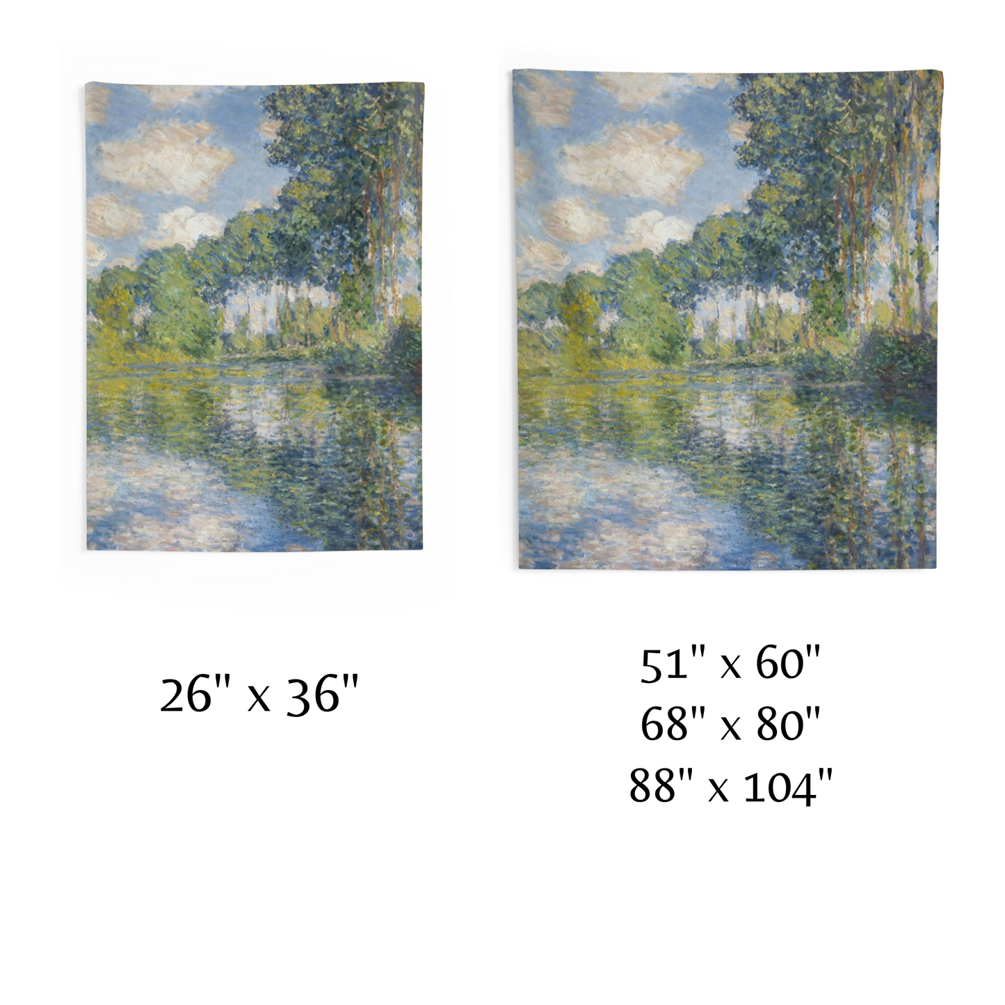 two paintings of trees and water are shown