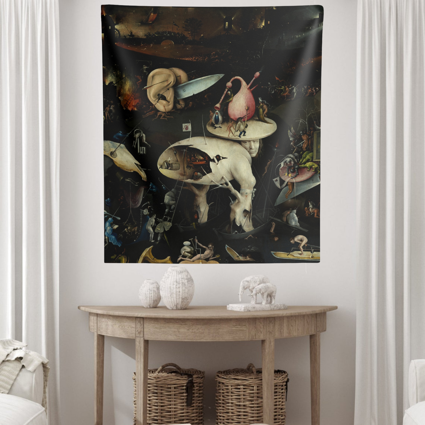 a painting on a wall above a table