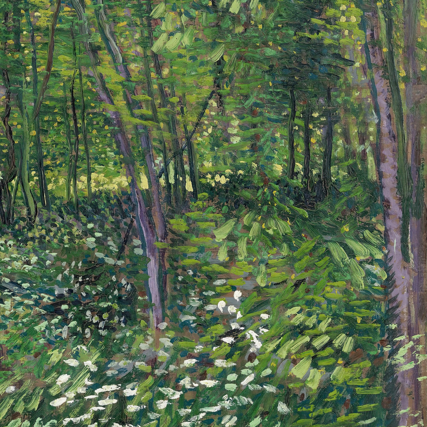 a painting of trees and grass in a forest