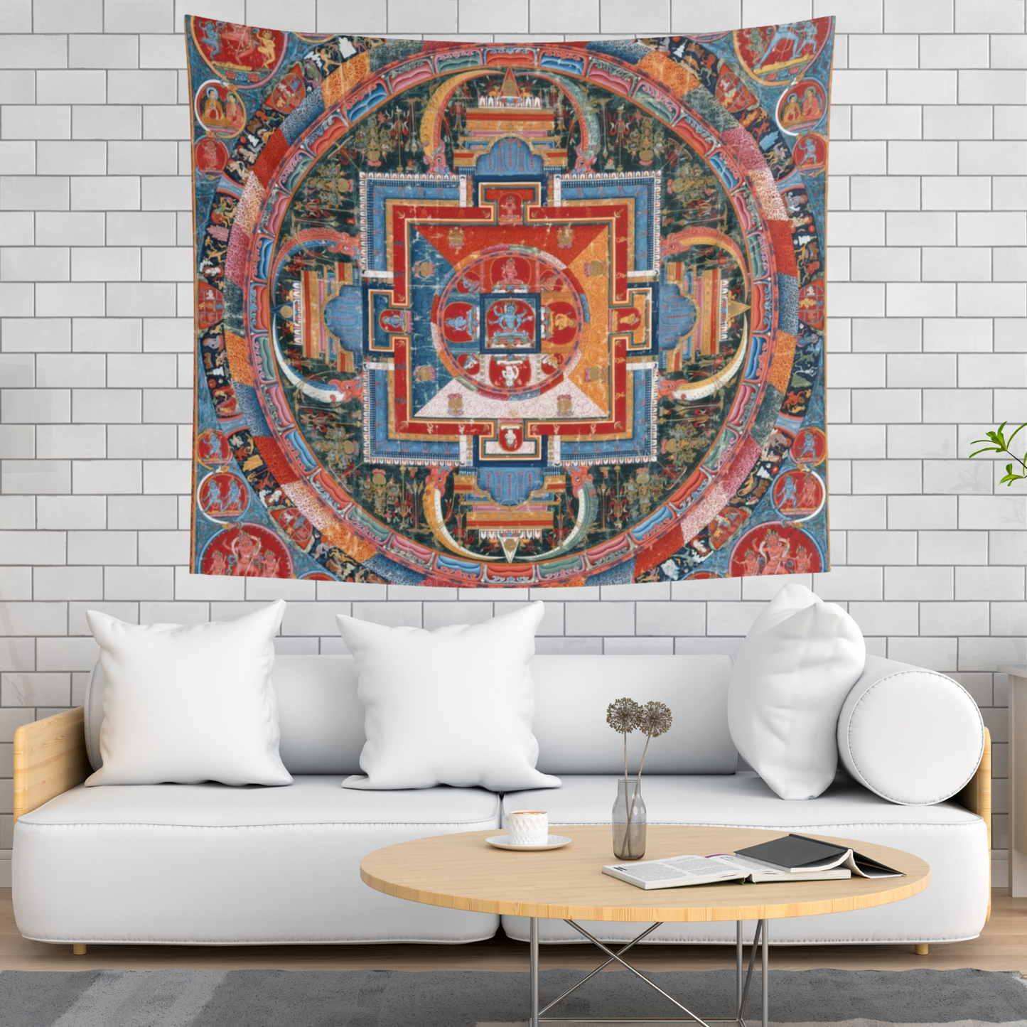a living room with a large tapestry hanging on the wall