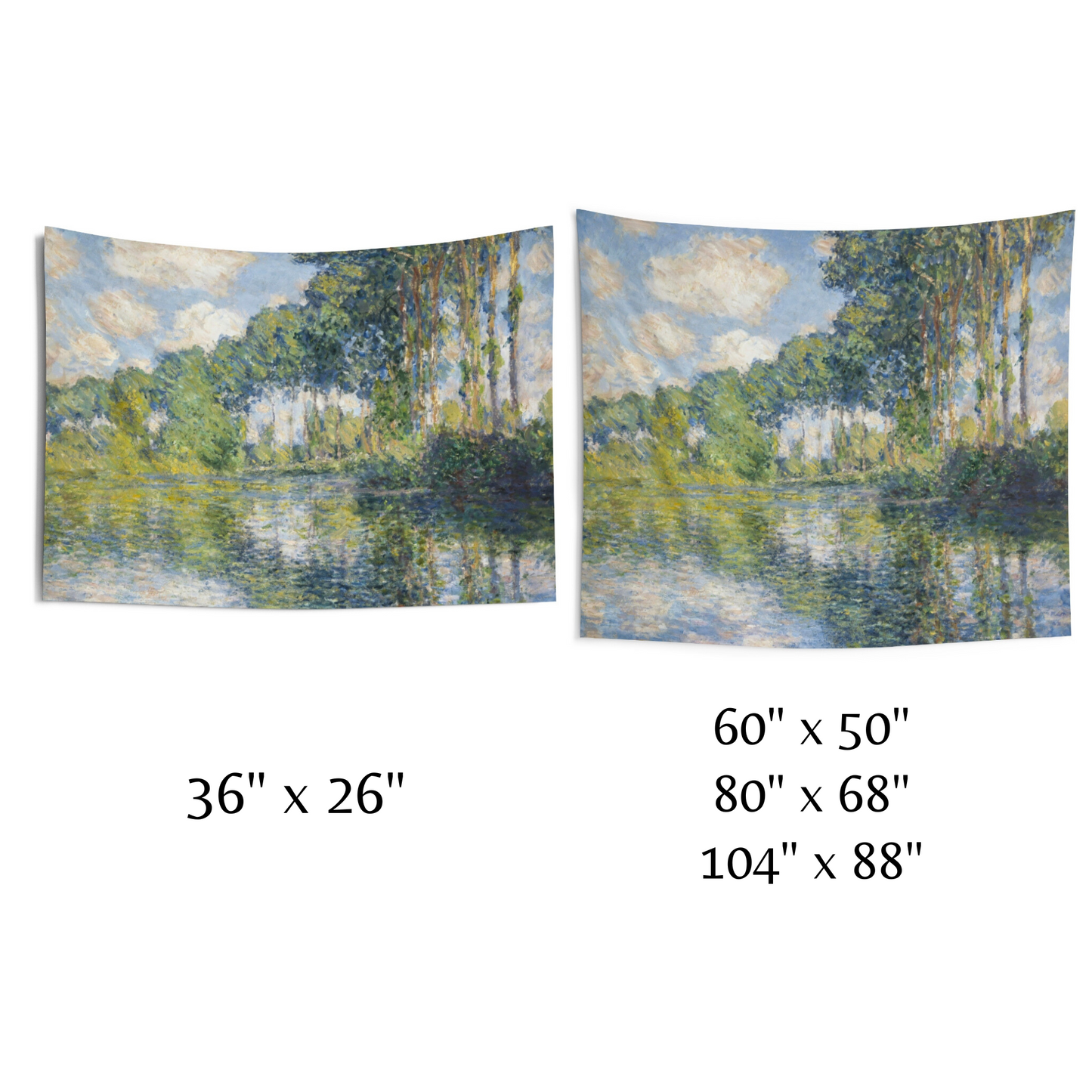 two paintings of trees and water are shown