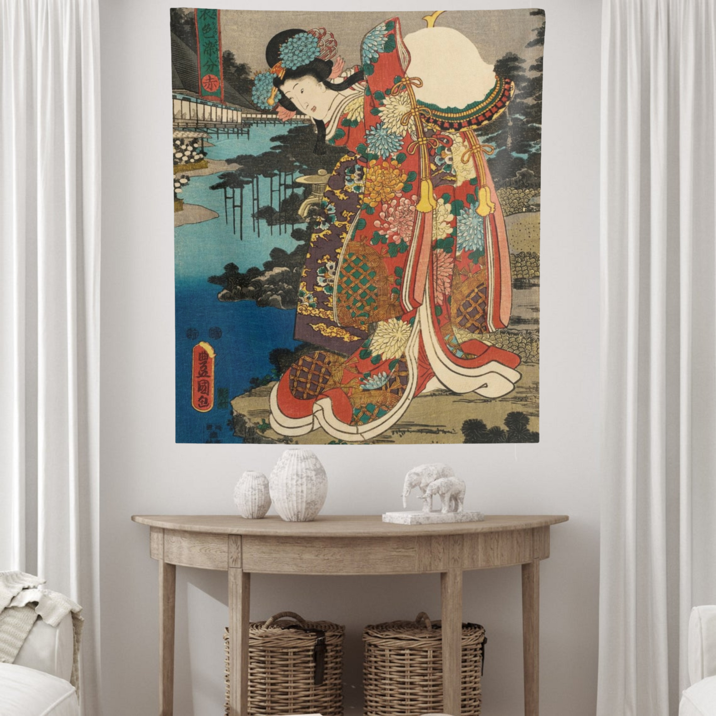 a painting hanging on a wall next to a table