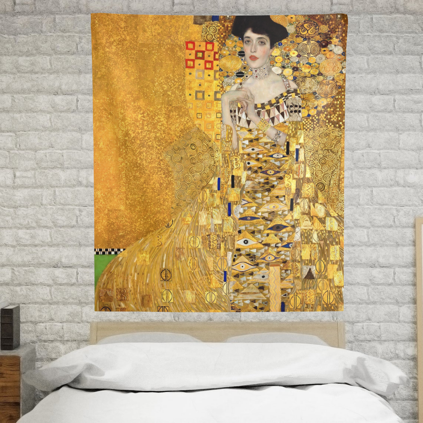 a painting of a woman in a yellow dress on a wall above a bed