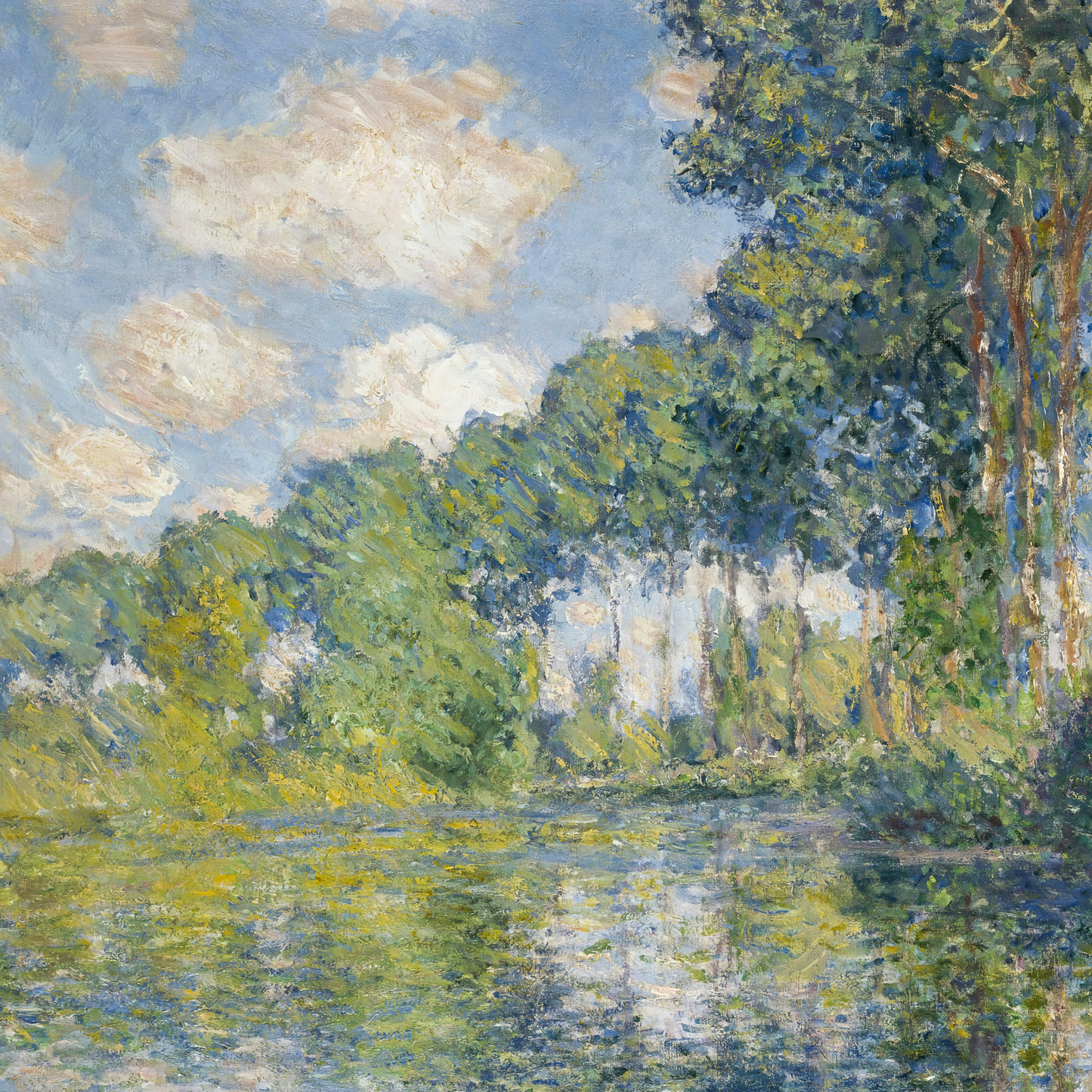 a painting of trees and water with clouds in the background