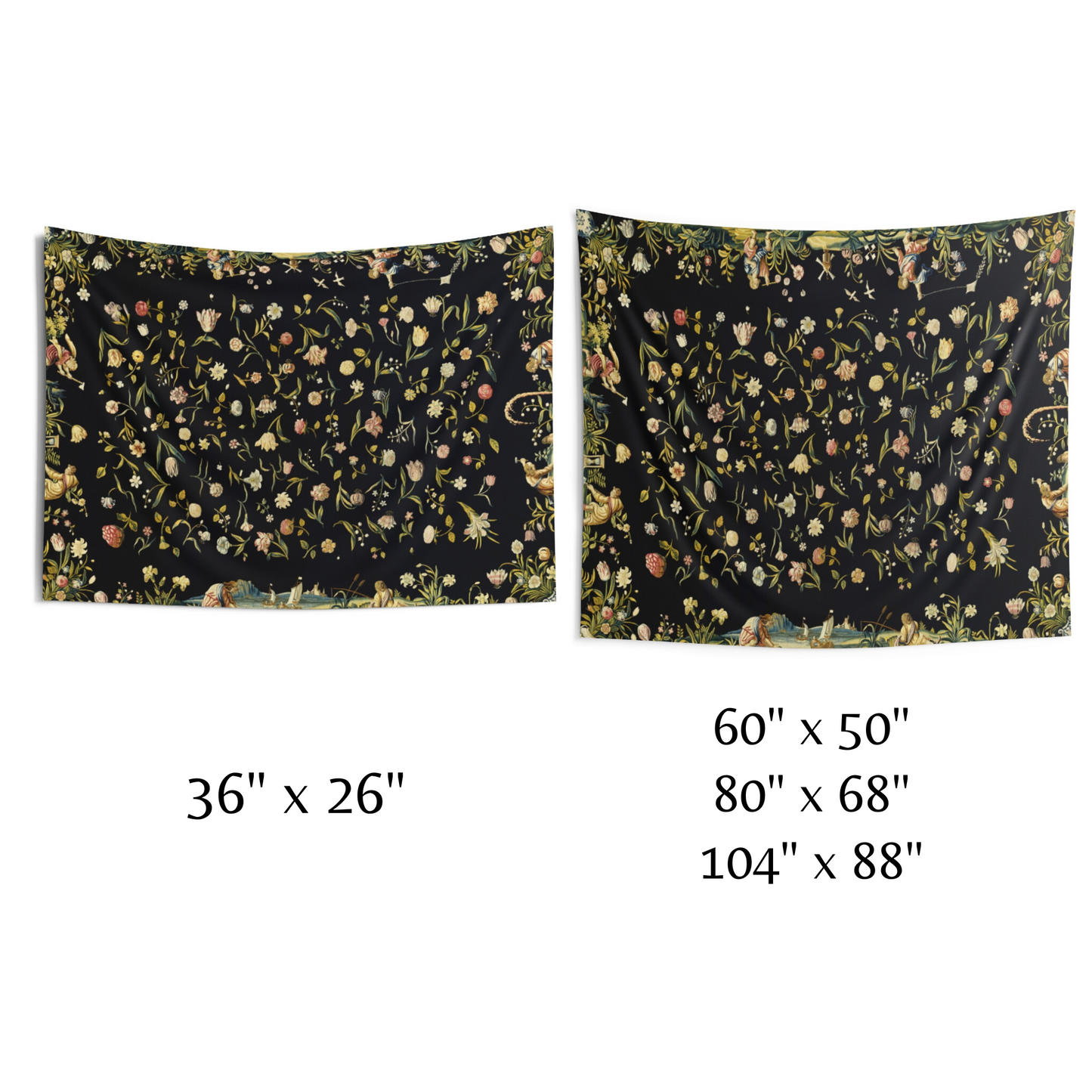 two pieces of black fabric with floral designs