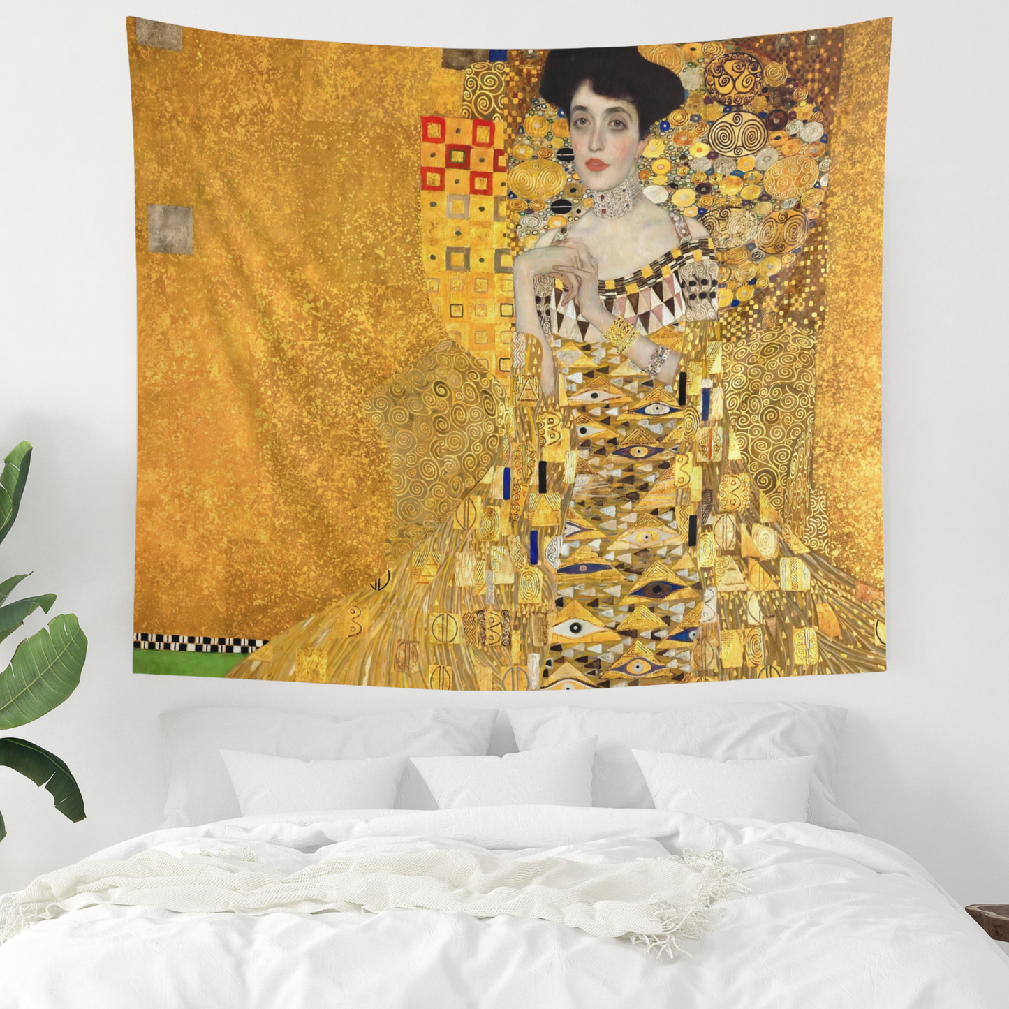 a painting of a woman in a yellow dress on a wall tapestry