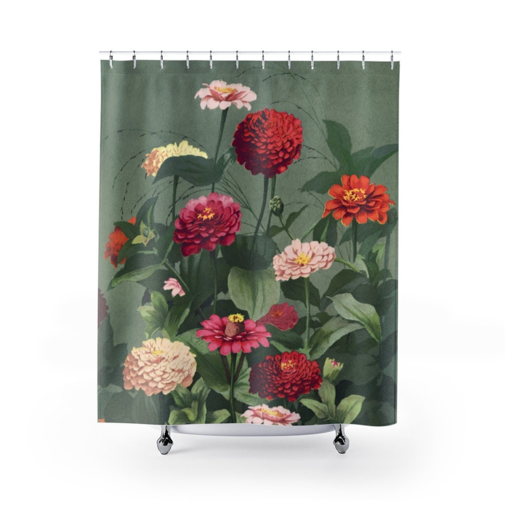 Green Shower Curtain, Floral Shower Curtain, Nature Bathroom, Floral Bathroom, Pink Flowers, Boho Shower Curtain, Vintage Shower Curtain