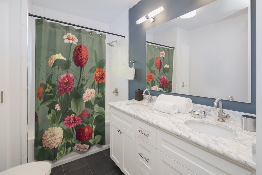 Green Shower Curtain, Floral Shower Curtain, Nature Bathroom, Floral Bathroom, Pink Flowers, Boho Shower Curtain, Vintage Shower Curtain