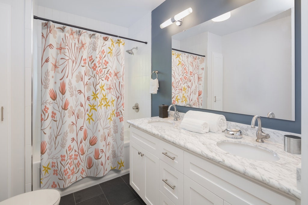 Floral Shower Curtain, Boho Shower Curtain, Pink Shower Curtain, Plant Shower, Peach Bathroom, Pink Yellow Bathroom, Botanical Bathroom