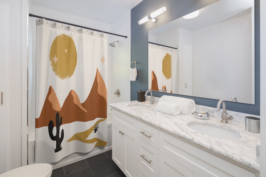 Desert Bathroom Decor, Boho Shower Curtain, Boho Bathroom, Minimalist Bathroom, Cactus Shower Curtain, Neutral Shower, Bohemian Bathroom