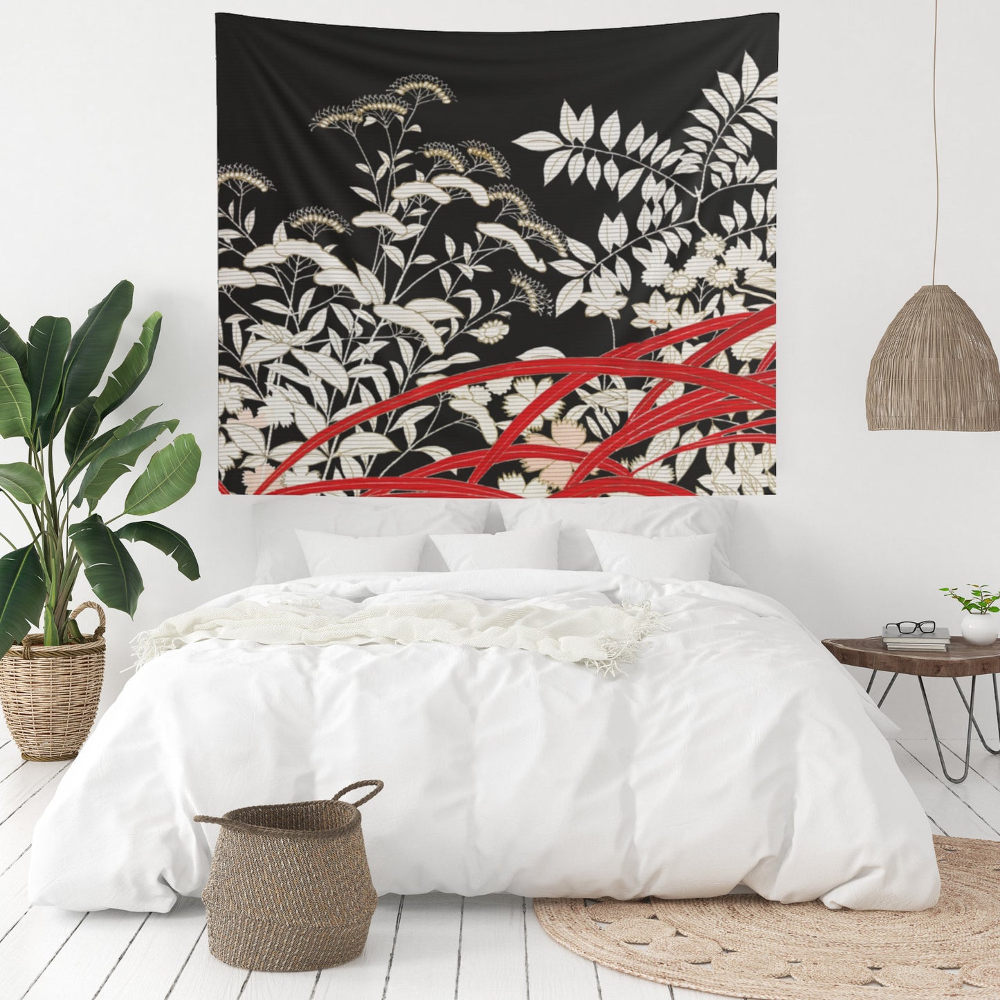 Red Black Japanese Botanical Wall Tapestry