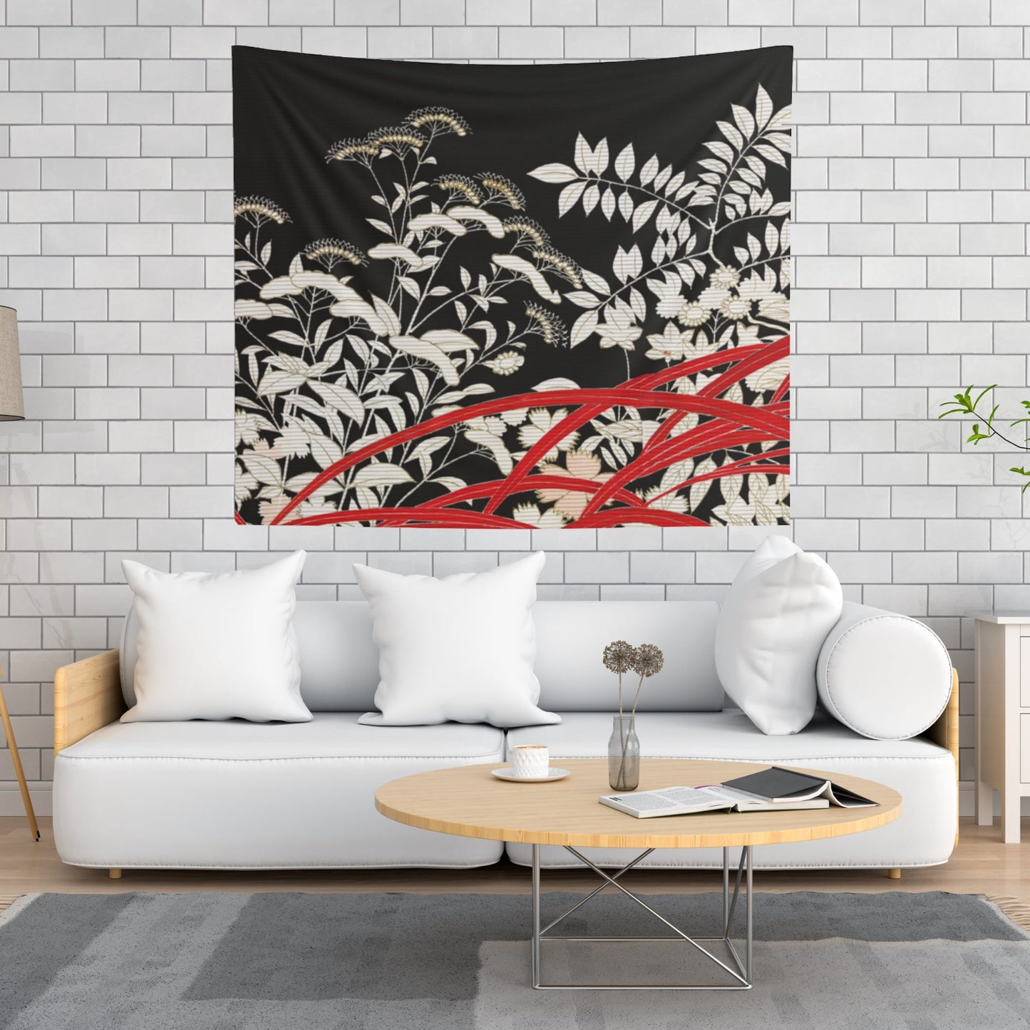 Red Black Japanese Botanical Wall Tapestry