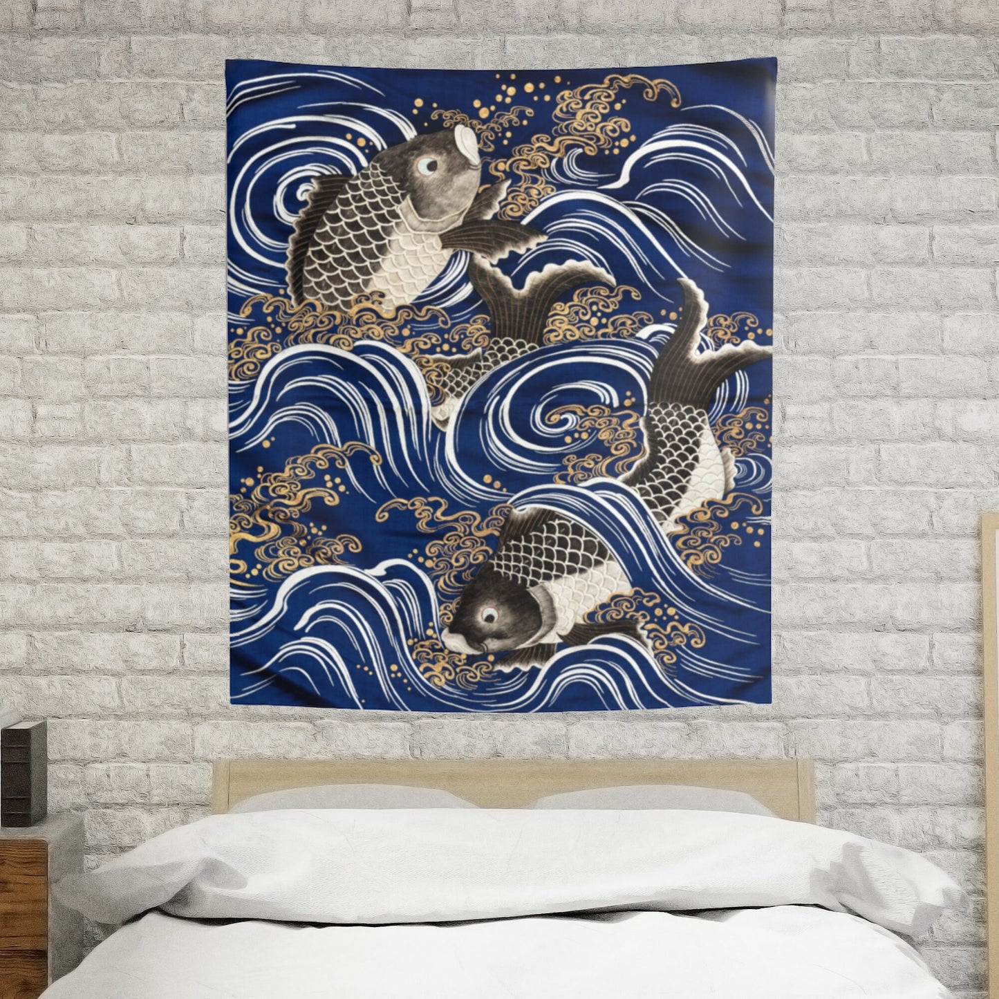 Blue Japanese Koi Fish Wall Tapestry