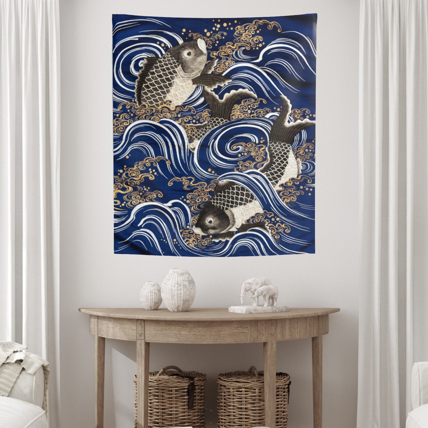 Blue Japanese Koi Fish Wall Tapestry