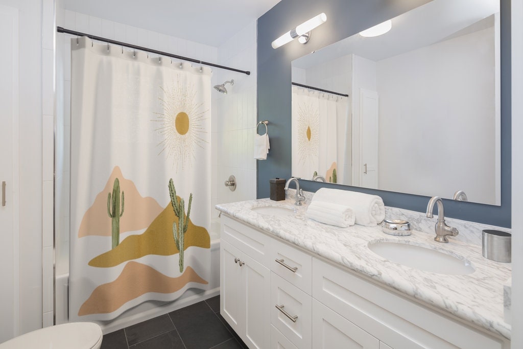 Desert Bathroom, Cactus Bathroom, Boho Shower Curtain, Boho Bathroom, Minimalist Bathroom, Cactus Shower, Sun Shower Curtain, Arizona Decor