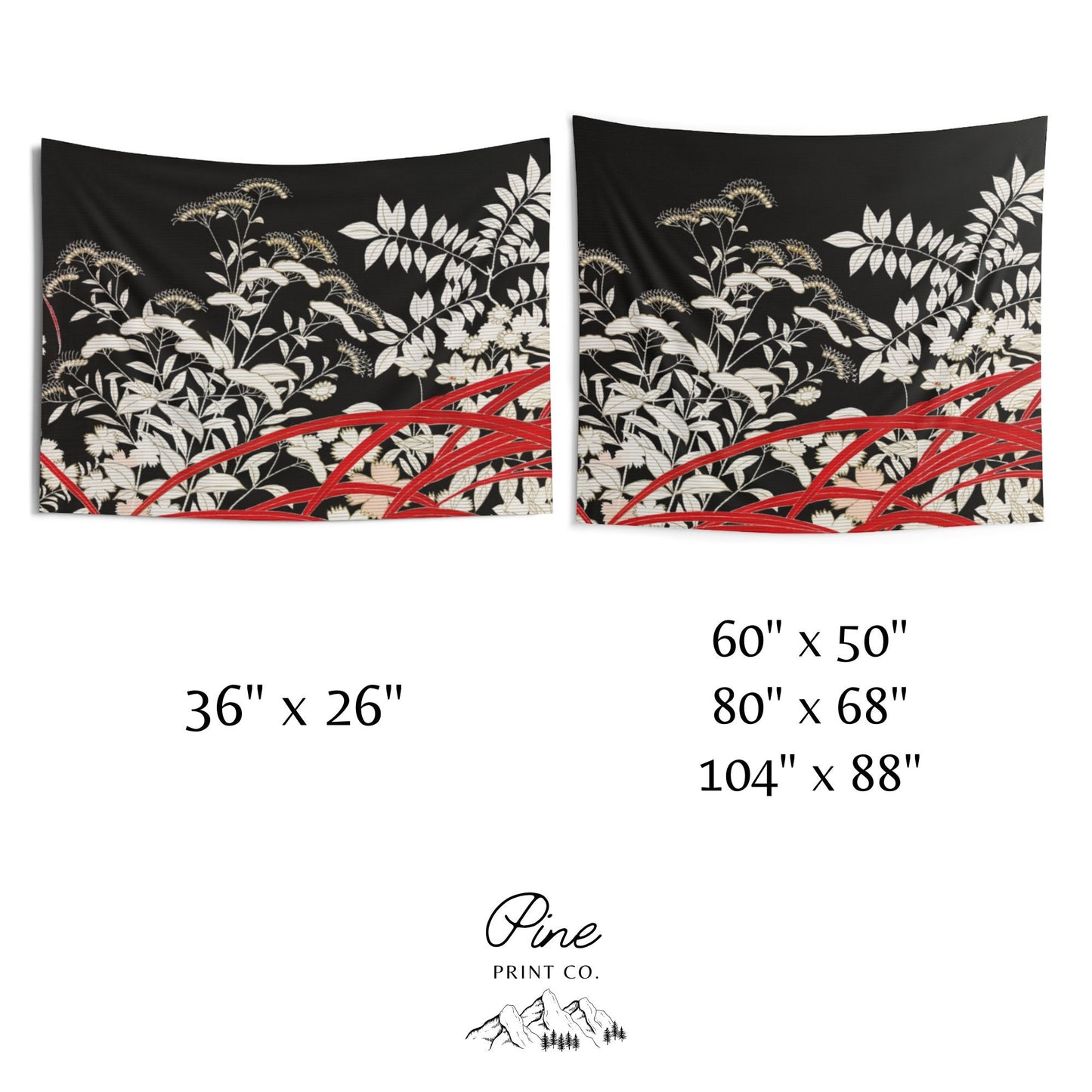 Red Black Japanese Botanical Wall Tapestry