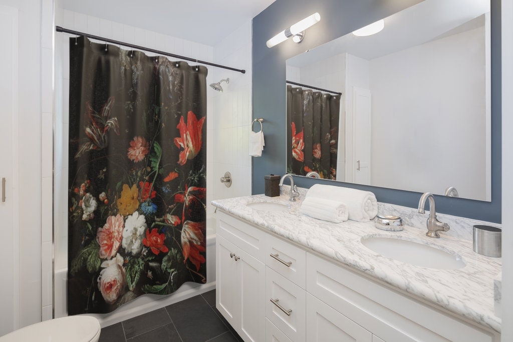 Black Shower Curtain, Black Bathroom, Flower Bathroom, Vintage Bathroom, Flower Shower Curtain, Art Shower Curtain, Bathroom Curtain