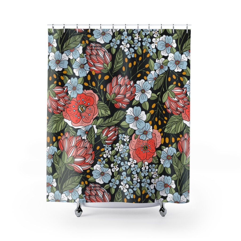 Black Shower Curtain, Flower Shower Curtain, Floral Bathroom, Boho Shower Curtain, Boho Bathroom, Nature Bathroom, Black Bathroom Decor