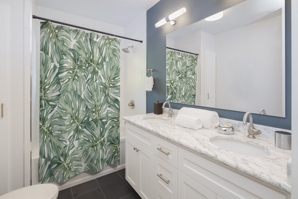 Plant Shower Curtain, Monstera Decor, Tropical Shower Curtain, Tropical Bathroom, Green Bathroom, Green Shower Curtain, Plant Bathroom