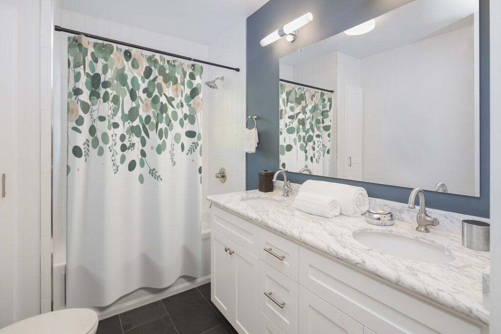 Plant Shower Curtain, Green Bathroom Decor, Eucalyptus Bathroom, Botanical Bathroom, Nature Bathroom, Rose Shower Curtain, White Bathroom