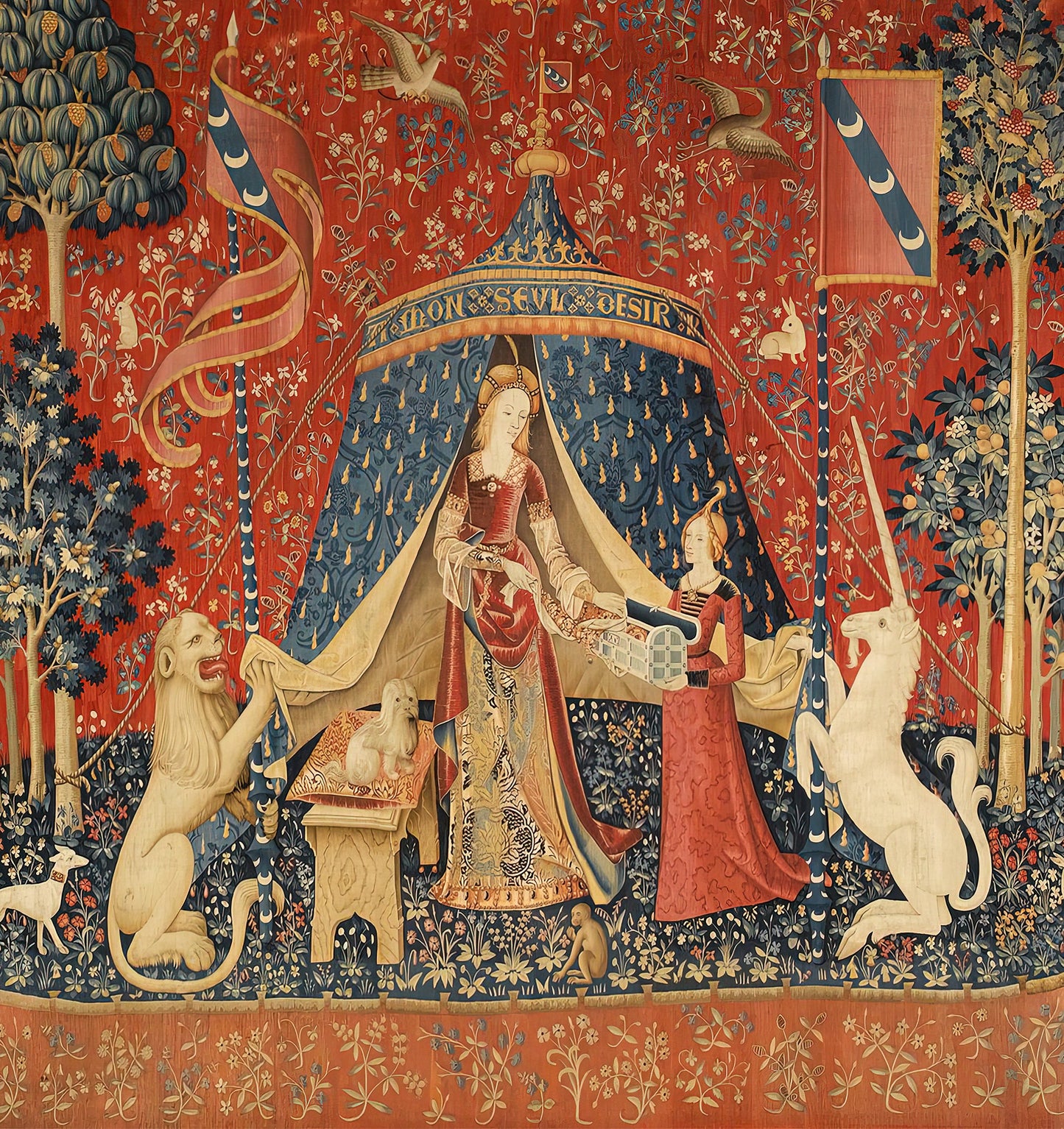 Medieval Shower Curtain, Red Shower Curtain, Lady and the Unicorn, Art Shower Curtain, Medieval Art, Mythology Decor, Red Bathroom Decor