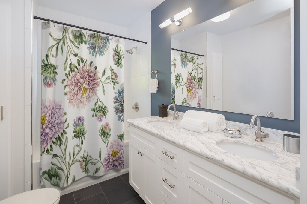 Floral Shower Curtain, Purple Shower Curtain, White Shower Curtain, Dahlia Flower, Boho Bathroom, Purple Bathroom, Botanical Bathroom