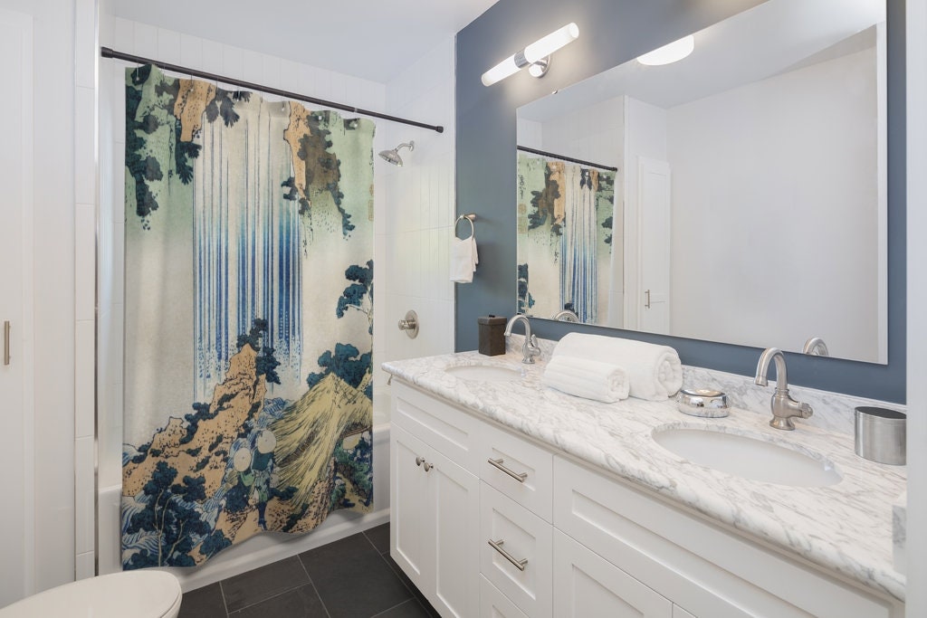 Japan Shower Curtain, Waterfall Decor, Japanese Decor, Japanese Bathroom, Japan Art, Japanese Woodblock, Katsushika Hokusai, Hokusai Art