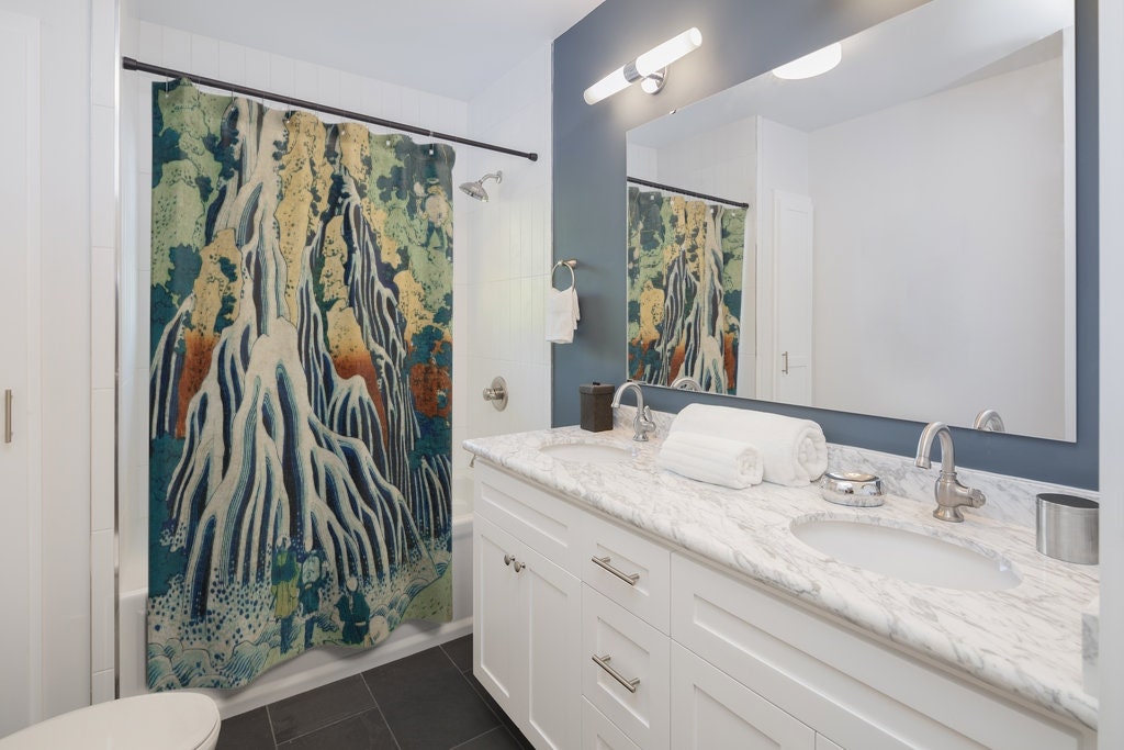 Japan Shower Curtain, Waterfall Decor, Japanese Decor, Japanese Bathroom, Japan Art, Japanese Woodblock, Katsushika Hokusai, Hokusai Art