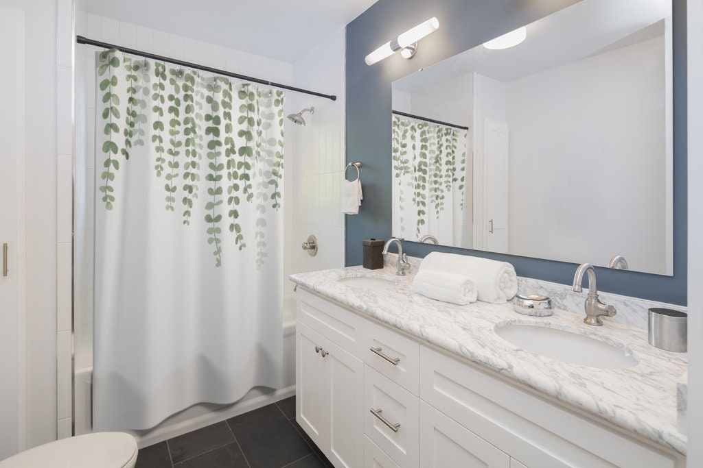 Botanical Shower Curtain, Eucalyptus Bathroom, Plant Shower Curtain, White Shower Curtain, Minimalist Shower Curtain, Green White Bathroom