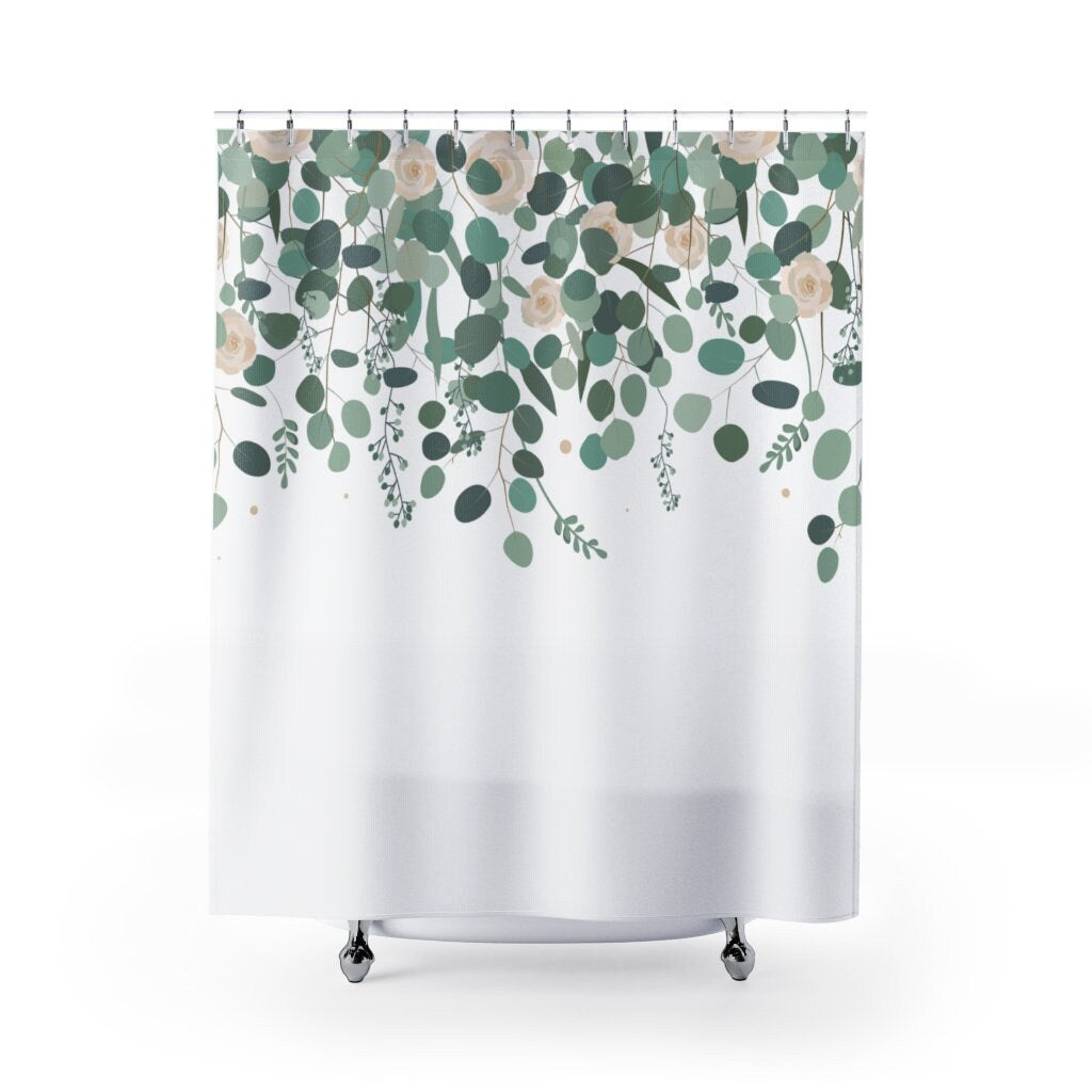 Plant Shower Curtain, Green Bathroom Decor, Eucalyptus Bathroom, Botanical Bathroom, Nature Bathroom, Rose Shower Curtain, White Bathroom