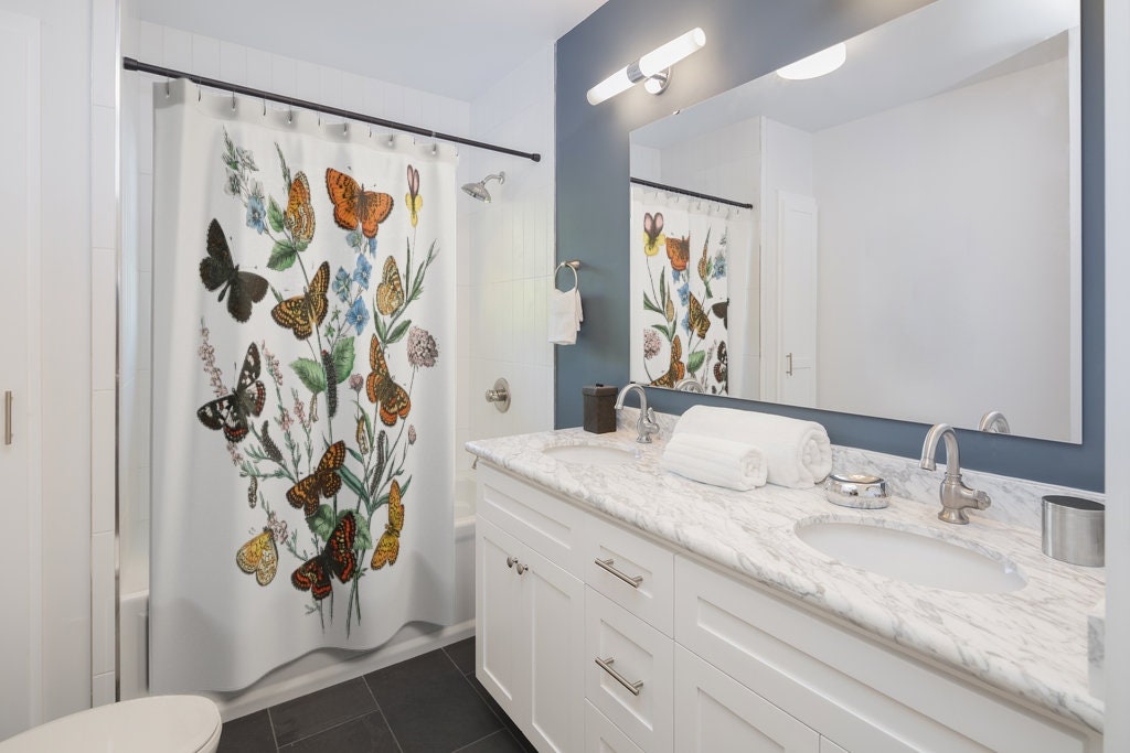 Butterfly Shower Curtain, Moth Shower Curtain, Butterfly Decor, Nature Bathroom, Botanical Bathroom, Nature Shower, Moth Decor, Moth Art