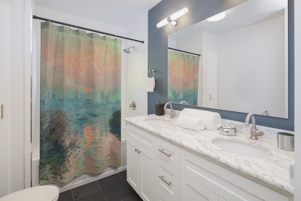 Monet Shower Curtain, Claude Monet Art, Sunset Bathroom, Fine Art Bathroom, Monet Bathroom, Ocean Shower Curtain, Sunset Shower, Ocean Art