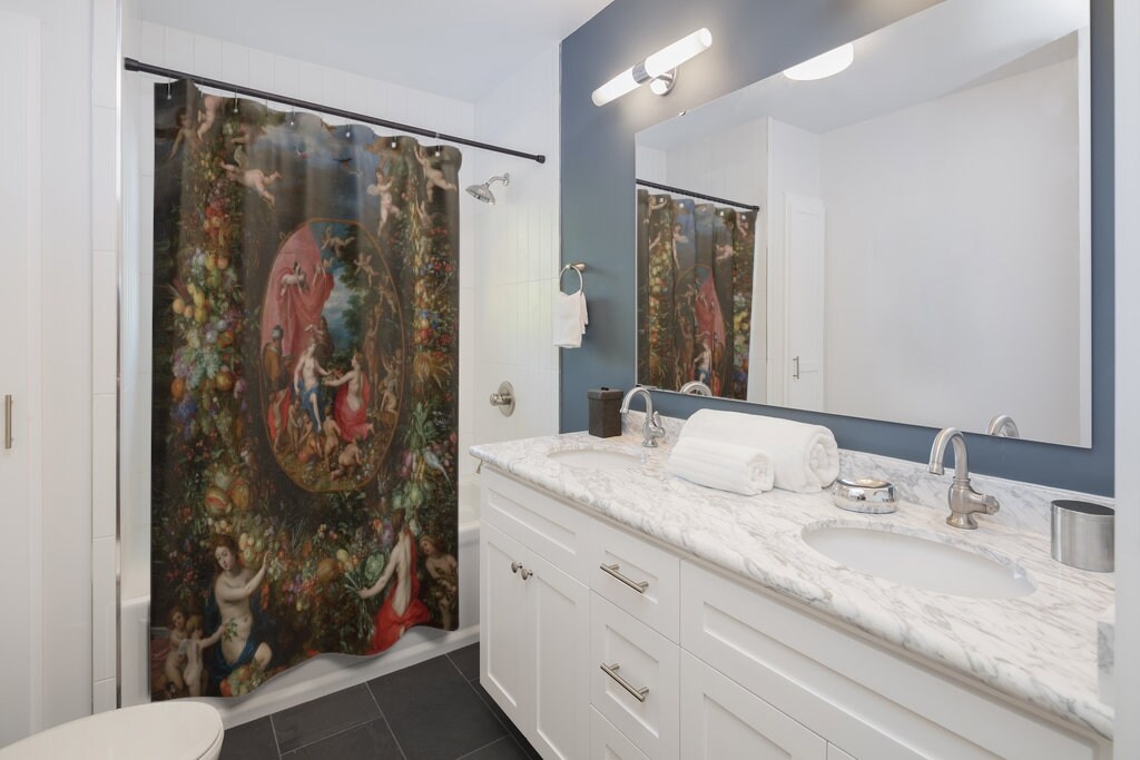 Gothic Shower Curtain, Vintage Gothic, Fine Art Curtain, Angel Shower Curtain, Renaissance Bathroom, Gothic Painting, Black Shower Curtain