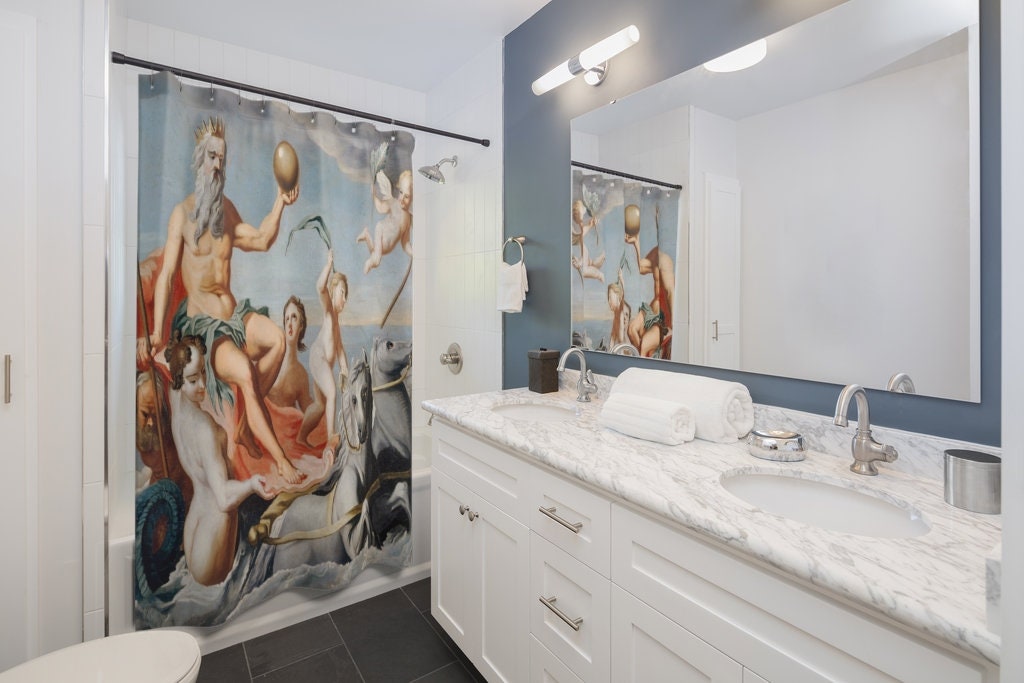 Nautical Bathroom, Mythology Art, Ocean Shower Curtain, Neptune Painting, Vintage Painting, Nautical Painting, King Neptune, Vintage Curtain