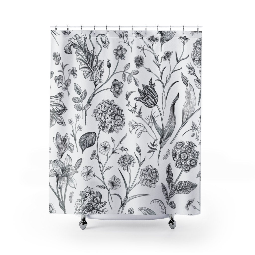 Plant Shower Curtain, Botanical Bathroom, Nature Shower Curtain, White Shower Curtain, Boho Shower Curtain, Botanical Decor, Plant Sketch