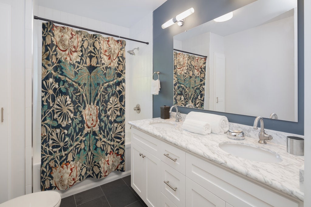 Blue Shower Curtain, Art Nouveau, Gold Bathroom, William Morris, Floral Curtain, Pattern Shower, Gold Shower Curtain, Vintage Bathroom