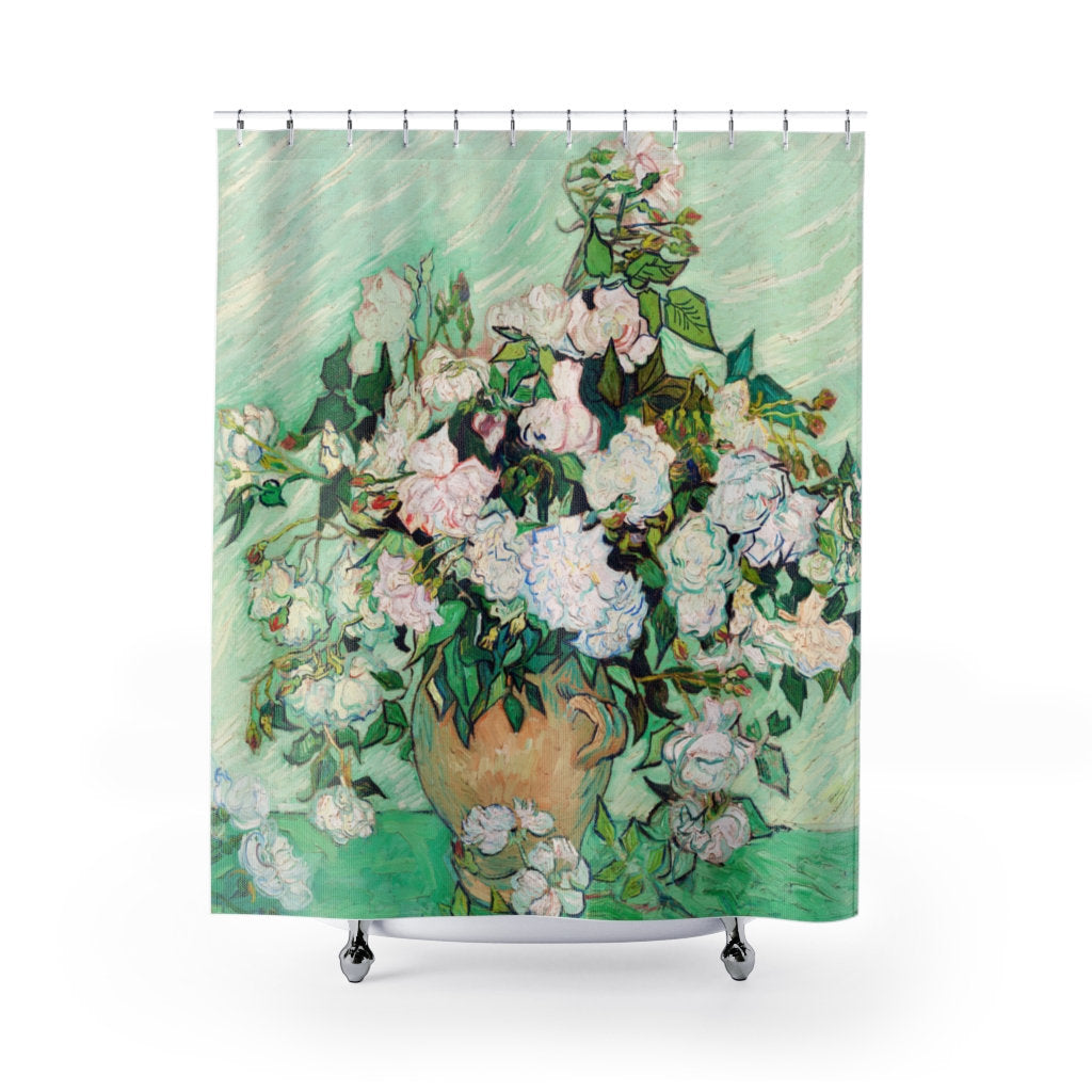 Van Gogh Shower Curtain, Green Shower Curtain, Van Gogh Painting, White Flowers, Rose Painting, Art Shower Curtain, Mint Green, Fine Art