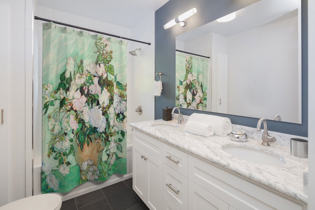 Van Gogh Shower Curtain, Green Shower Curtain, Van Gogh Painting, White Flowers, Rose Painting, Art Shower Curtain, Mint Green, Fine Art