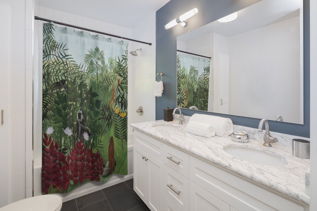 Tropical Shower Curtain, Jungle Bathroom, Tropical Bathroom, Monkey Decor, Botanical Curtain, Tropical Forest, Plant Curtain, Henri Rousseau