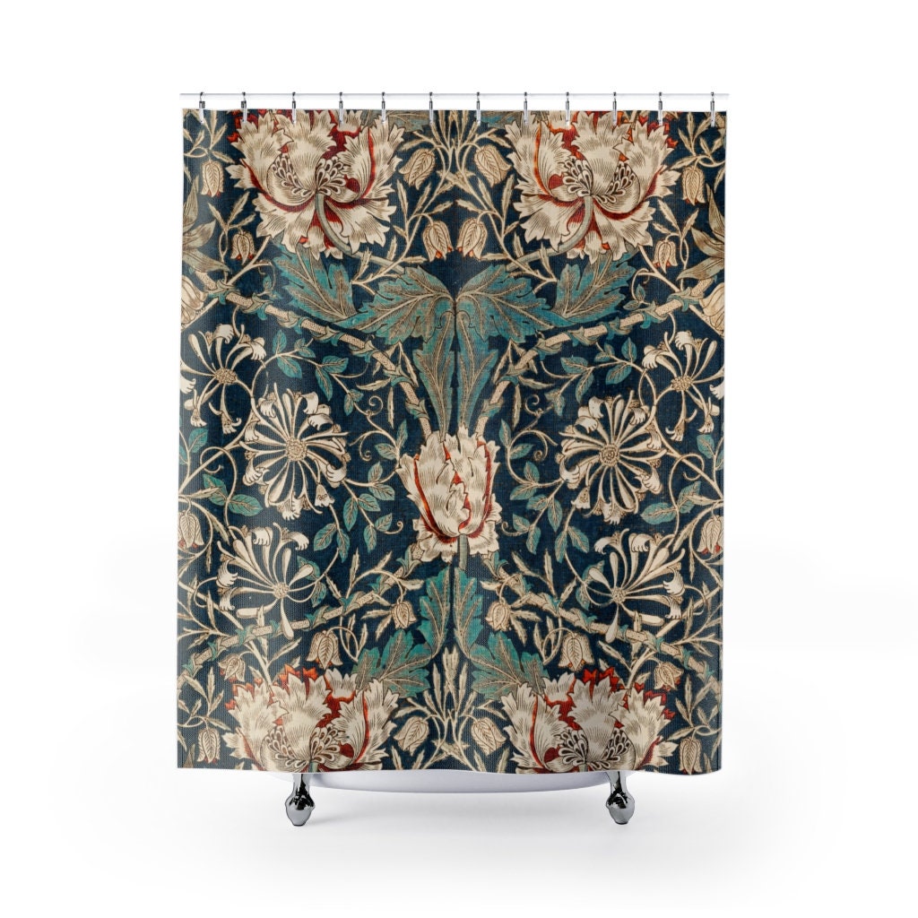 Blue Shower Curtain, Art Nouveau, Gold Bathroom, William Morris, Floral Curtain, Pattern Shower, Gold Shower Curtain, Vintage Bathroom