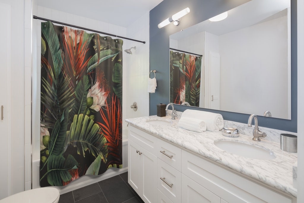 Tropical Shower Curtain, Plant Shower Curtain, Tropical Bathroom, Jungle Bathroom, Hawaiian Bathroom, Botanical Bathroom, Tropical Decor